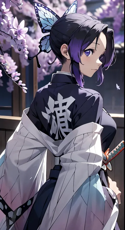 shinobu kochou, long hair, solo, PERFECT ANATOMY, photograph from behind, purple hair, blue eyes, looking at camera, tight full body hakama, 1girl