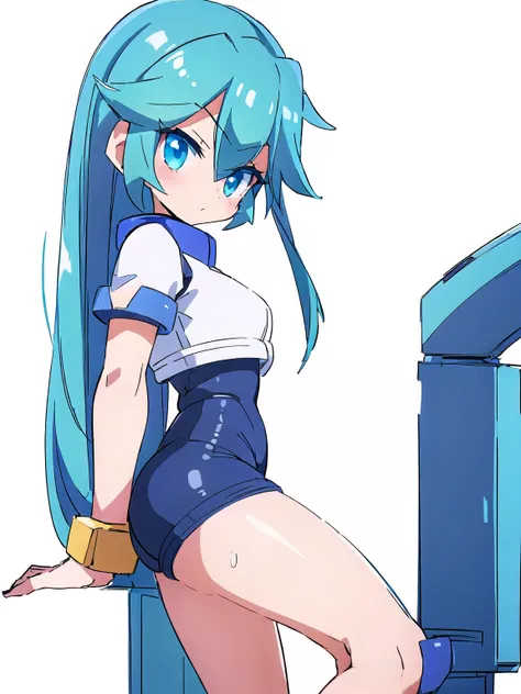 (girl eyes long hair), (megaman style:1.1), (sexy high_leg:1.5), (white background:1.5), (solo)