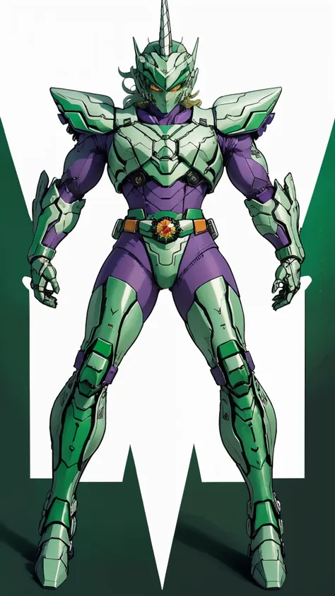 A man wearing a full-face helmet, a fantasy-style biotech armored combat suit, green eyes, (a composite layered chest armor), fully enclosed shoulder guards, matching arm and leg guards, the belt is adorned with Horseshoe-shaped marker, (the color scheme i...