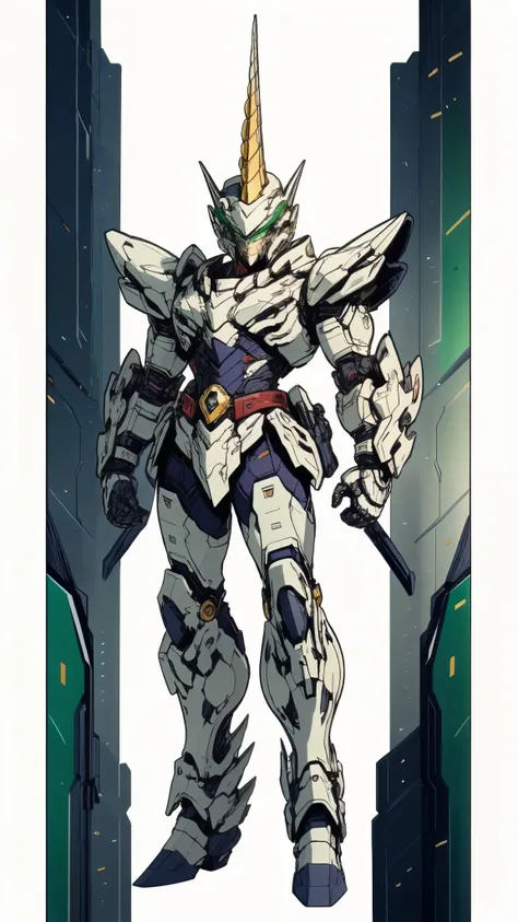 A man wearing a full-face helmet, a fantasy-style biotech armored combat suit, green eyes, (a composite layered chest armor), fully enclosed shoulder guards, matching arm and leg guards, the belt is adorned with Horseshoe-shaped marker, (the color scheme i...