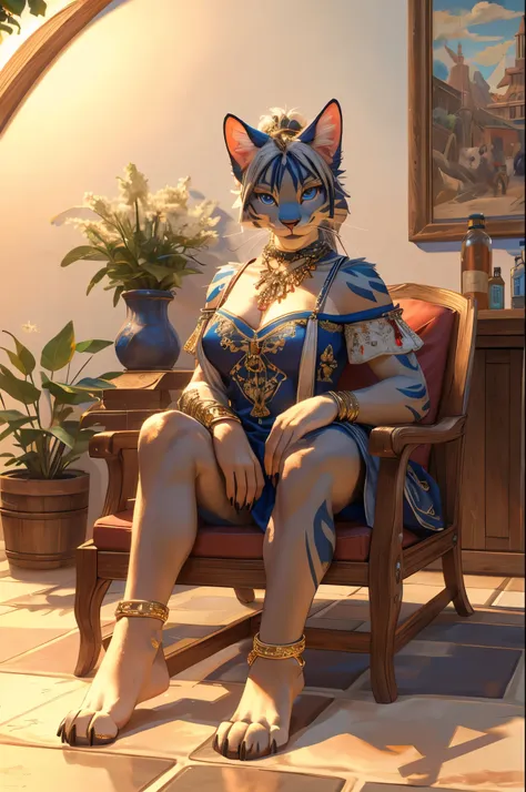 (((barefoot furry character, full body, cinematic setting, furry female, plantigrade, wears anklets))) illustrate a refined and ...