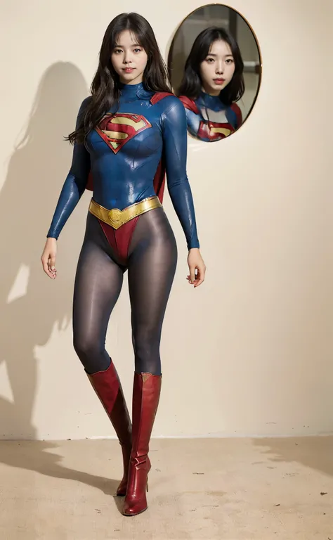 No background、(((Beautiful legs in black tights.)))、(((Legally express the beauty of your smile)))、((((Make the most of your original images)))、(((Body-fitting Supergirl costume)))、(((Supergirl Costume)))、(((Beautiful Hair)))、(((suffering)))、(((Please wear...