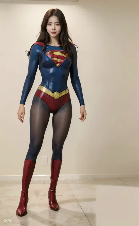 No background、(((Beautiful legs in black tights.)))、(((Legally express the beauty of your smile)))、((((Make the most of your original images)))、(((Body-fitting Supergirl costume)))、(((Supergirl Costume)))、(((Beautiful Hair)))、(((suffering)))、(((Please wear...