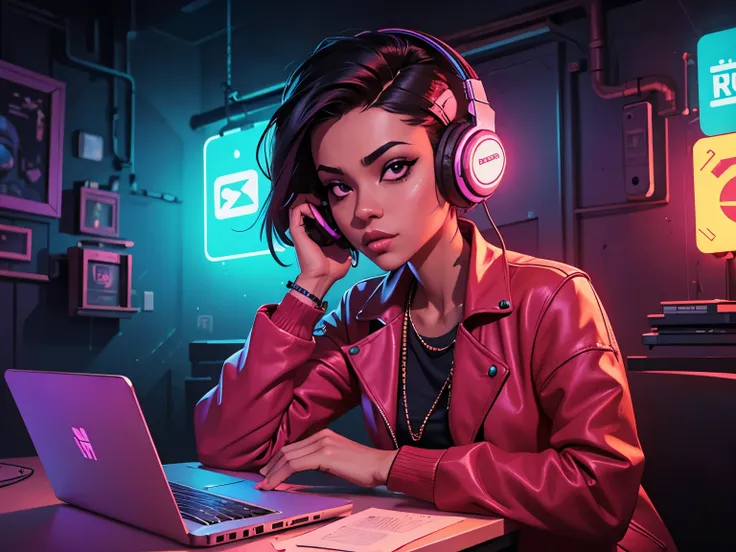 there is a light-skinned woman sitting at a table with a laptop and headphones, com os cabelos curtos e cacheados na cor marsala, com uma touca cobrindo seus cabelos no estilo anonymus, cyberpunk art inspired by Duskwood trends in urban society in Japan, a...