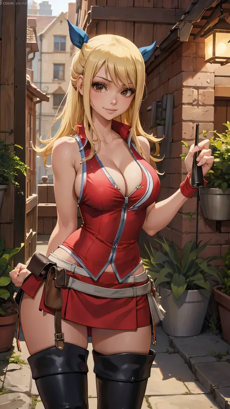 cleavage,(masterpiece, best quality:1.2), solo, 1girl, lucy heartfilia, smile, looking ta viewer,  red sleeveless, miniskirt, th...