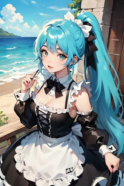 ((best quality)), ((masterpiece)), (detailed), Beautiful girl with perfect face，(Cyan hair)，Long hair，Single ponytail，(())，Tall，Hot body，Maid costume outdoors，Vision，middle Ages，noble，