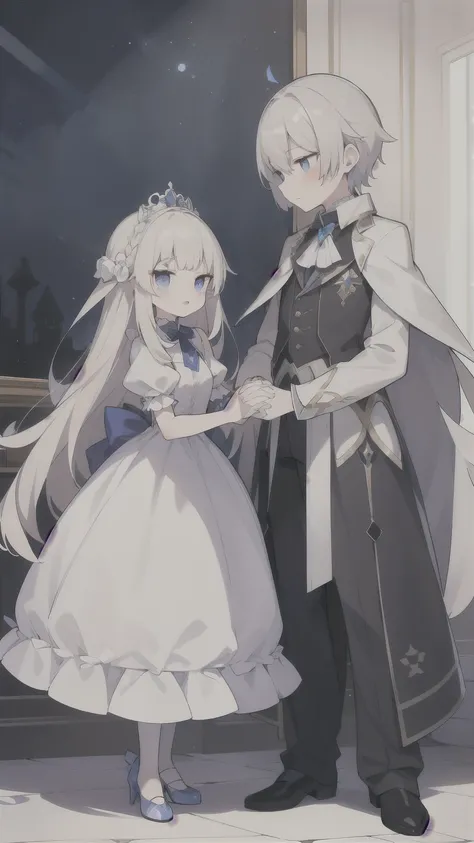 A princess with long platinum blonde hair and blue eyes,A picture of a silver-haired, purple-eyed boy serving as a servant standing and holding hands