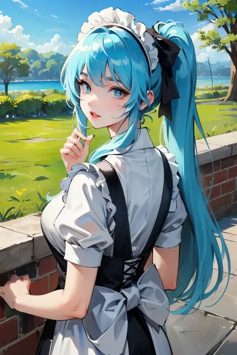 ((best quality)), ((masterpiece)), (detailed), Beautiful girl with perfect face，(Cyan hair)，Long hair，Single ponytail，(())，Tall，Hot body，Maid costume outdoors，Vision，middle Ages，noble，