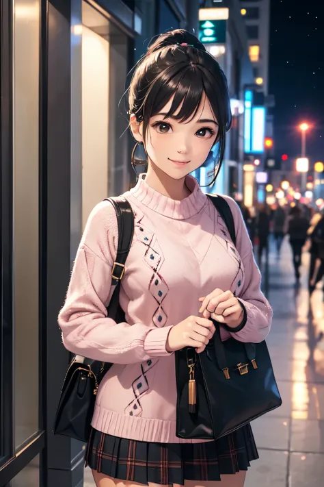 very cute and beautiful girl,(highly detailed beautiful face),
(smile),happy,embarrassed,looking at viewer,(argyle pattern sweater),cowboy shot,(white and pink plaid skirt),
standing in front of hotel entrance in modern capital city,night,holding tote bag,...