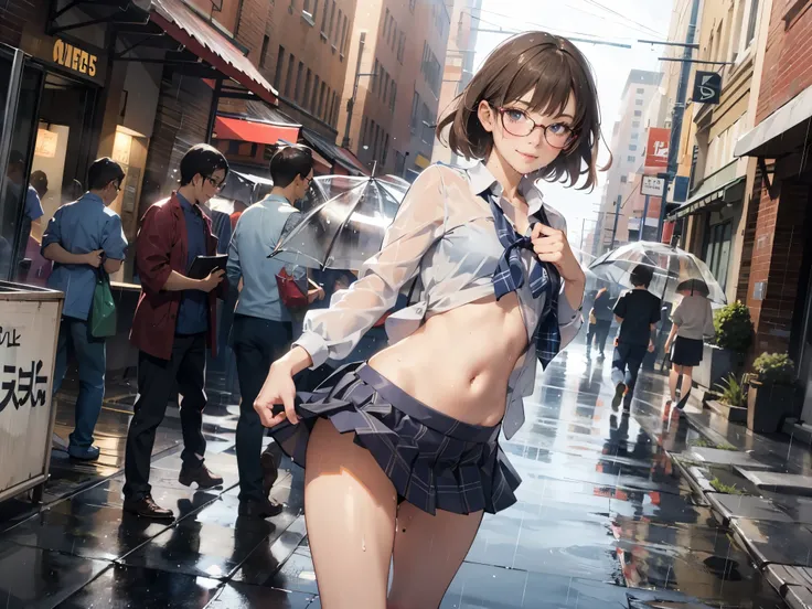 (super flat, flat shading), Honors Type, Really blushing, 17 years old, high school girl, wearing long sleeve shirt and plaid pleated mini skirt, Short bob cut brown hair, Glasses, sweaty healthy body, smile, bare legs, loafers, ultra realistic, early morn...