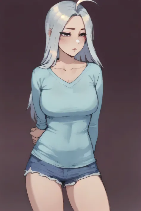 1girl, loose long sleeve shirt, v neck, jean shorts, bored, neutral_expression, from_front, straight-on, looking_at_viewer, shiny_skin, skindentation, hips, arms_behind_back, ahoge, standing, straight-on, cashmere sweater, arms_behind_back, long hair, 
sil...