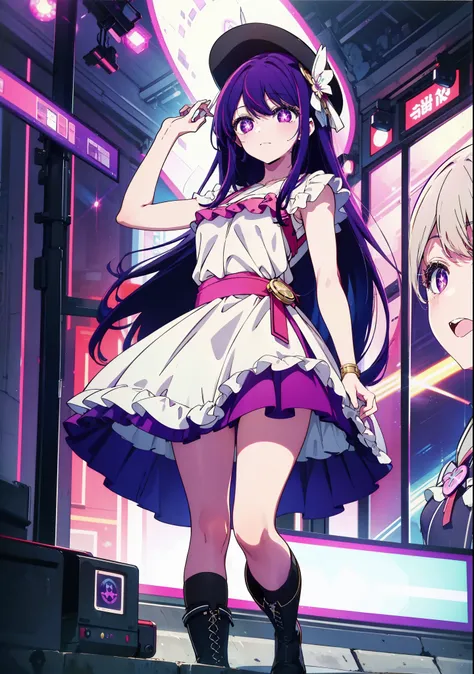 aihoshino, Ai Hoshino, Long Hair, bangs, (Purple eyes:1.1), Purple Hair, (Symbol-shaped pupil:1.5), smile,Medium chest,happy smile, smile, Close your mouth,Hunting Hat,Purple sleeveless dress,Purple mini skirt,Black knee socks,short boots,
Place your right...