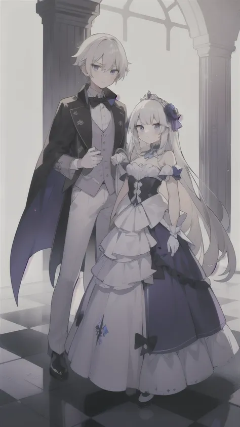 A princess with long platinum blonde hair and blue eyes,A silver-haired, purple-eyed boy who is a servant,Two people standing side by side
