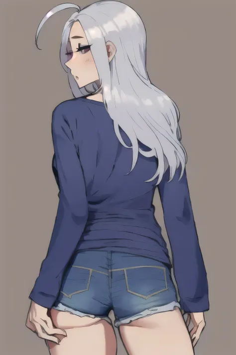 1girl, loose long sleeve shirt, v neck, jean shorts, bored, neutral_expression, from_front, straight-on, looking_at_viewer, shiny_skin, skindentation, hips, arms_behind_back, ahoge, standing, straight-on, cashmere sweater, arms_behind_back, long hair, 
sil...