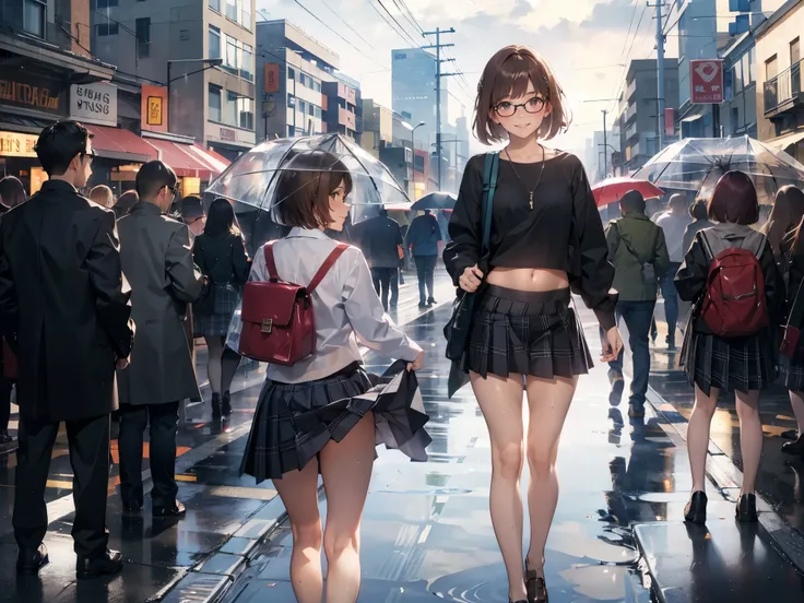 (super flat, flat shading), Honors Type, Really blushing, 17 years old, high school girl, wearing long sleeve shirt and plaid pleated mini skirt, Short bob cut brown hair, Glasses, sweaty healthy body, smile, bare legs, loafers, ultra realistic, early morn...