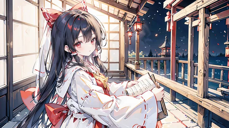 Reimu Hakurei (Touhou Project) Big red ribbon, red and white shrine maiden clothes, long black hair, long sleeves