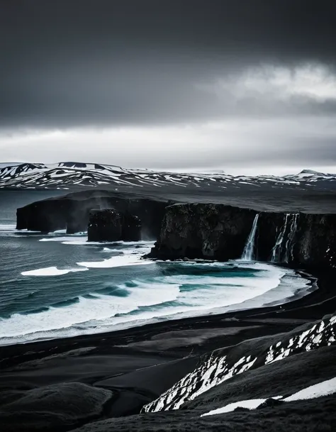 black and white photography，iceland&#39;s black sand beach at night，（white moon in the night sky：1.37），white glacier，the beauty ...