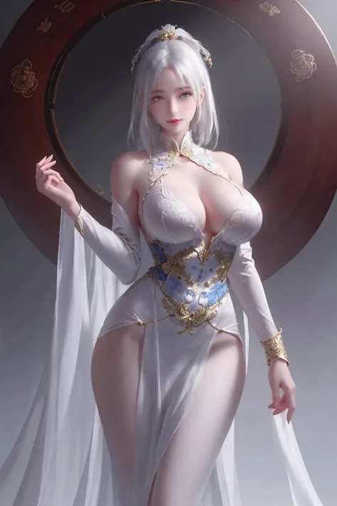 unparalleled masterpiece, ultra realistic 8k CG, perfect artwork, ((perfect female figure)), white hair, red eyes, mature female, milf, narrow waist, chinese deity, looking at viewer, seductive posture, sexy pose, alluring, clean, beautiful face, pure face...