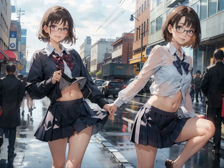 (super flat, flat shading), Honors Type, Really blushing, 17 years old, high school girl, wearing long sleeve shirt and plaid pleated mini skirt, Short bob cut brown hair, Glasses, sweaty healthy body, smile, bare legs, loafers, ultra realistic, early morn...