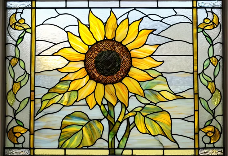 a painting of sunflower in a Stained glass window, sunflower Stained glass, Stained glass art, crystallic sunflower, sunflower, Stained glass style, color: yellow sunflower, color : yellow sunflower, Inspired by Louis Comfort Tiffany, Written by Dechko Uzu...