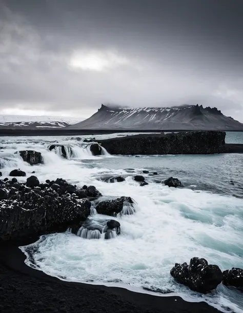 black and white photography，iceland&#39;s black sand beach at night，（white moon in the night sky：1.37），white glacier，the beauty ...