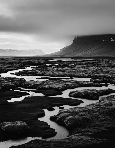 Black and White Photography，Iceland&#39;s black sand beach at night，（White moon in the night sky：1.37），White glacier，The beauty of nature in black and white，These beaches are made of basalt gravel formed by volcanic eruptions.，Calm and heavy，In stark contr...