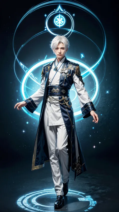 1boy，short hair, Azur route style, From the Azur Lane video game, A complete portrait of an elementalist, Official Character Art, White-haired deity, Mysterious art style, full body xianxia
