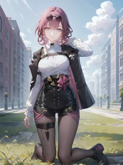 masterpiece, best quality, 1girl, kafka, purple hair, long hair, bangs, purple eyes, eyewear on head, white shirt, jacket on shoulders, pantyhose, full body, smile, looking at viewer, solo, grass, blue sky, meadow background 