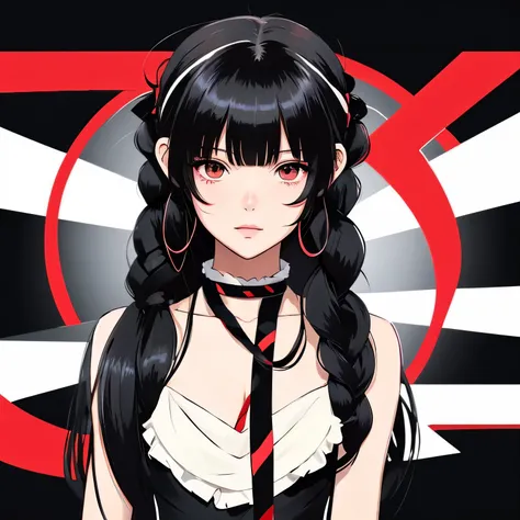 Anime style illustrations、She is a 13 year old girl、Long black hair、The ends of her hair are tied in a thin red ribbon、The ribbon is only on the tip of the hair、The ribbon is thin、Only the ends of the hair are tied up、Long bangs、whitish eyes、Wearing an ele...