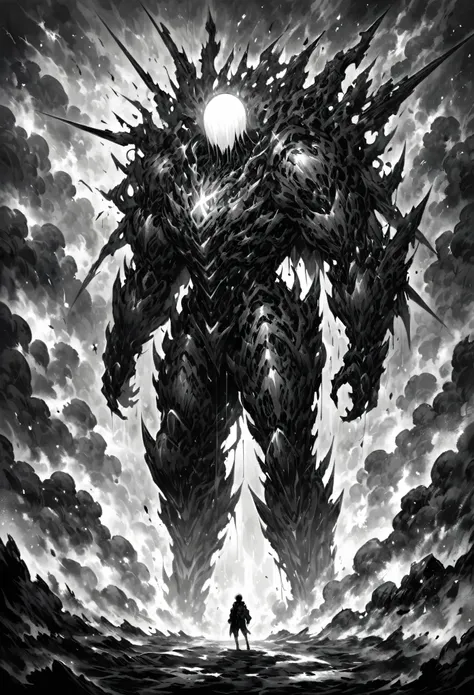 Black and white painting,Black and white color，Only black and white，monochrome，little girl，monster，huge，Strong，whole body