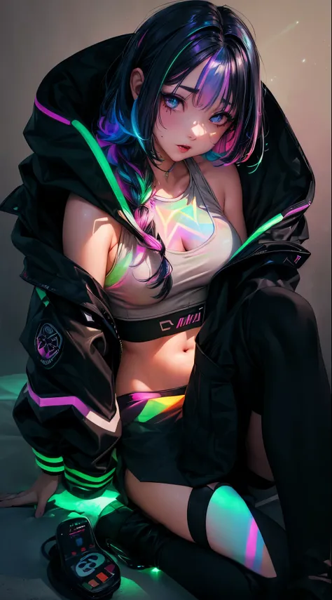 Illustration of a girl in a hoodie, ((((emitting colorful light)))), 1girl, solo, mole, hair over one eye, black hair, mole under eye, lips, realistic, red lips, looking at viewer, teeth, grey background, black eyes, large breasts, tank top, sports bra, mi...