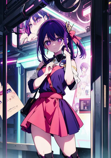 aihoshino, Ai Hoshino, Long Hair, bangs, (Purple eyes:1.1), Purple Hair, (Symbol-shaped pupil:1.5), smile,Medium chest,happy smile, smile, Close your mouth,Hunting Hat,Purple sleeveless dress,Purple mini skirt,Black knee socks,short boots,
Place your right...