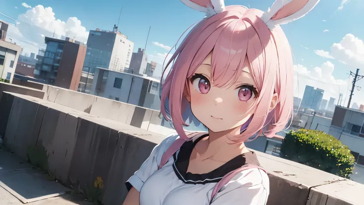 highest quality, pretty girl, pastel colour, Fluffy bunny ears, Pink short bob,Pale pink eyes,City,Rooftop