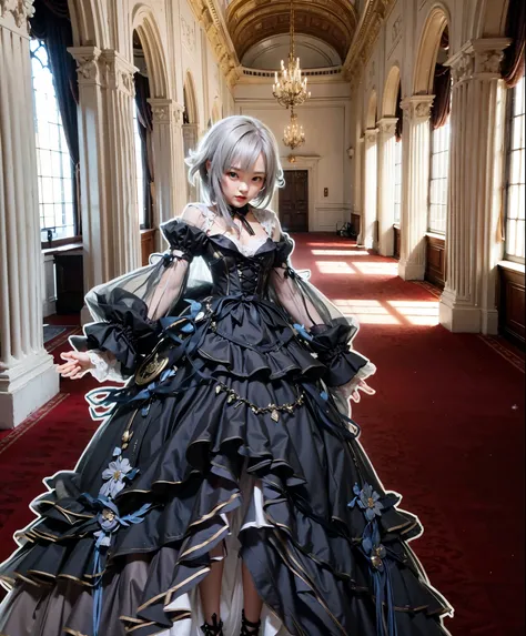 girl in dress, gray hair, in palace ballroom