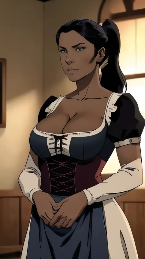 ((highest quality)), ((masterpiece)), (detailed), Perfect Face,ponytail,dark skin, large breasts, cleavage, dirndl, cowboy shot, indoors,No expression
