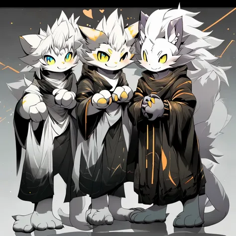 cat person，white hair，（yellow above the eyes, ears and tail），smile，（（individual）），standing，four fingers，wrist stripes，whole body