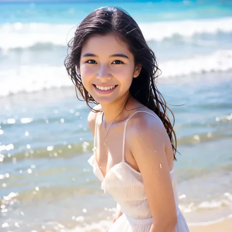 Japanese、beautiful girl、cute、White skin、17 years old、Sandy Beach、Smiling、Watery eye、Wet lips、Wet bare skin、Sandy Beach、summer、Wave、The background is blurred、White dress、barefoot