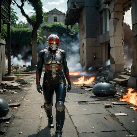 create a realistic photo of a girl indonesian walking in an ironman suit without a helmet. there was a destroyed tank exploding ...