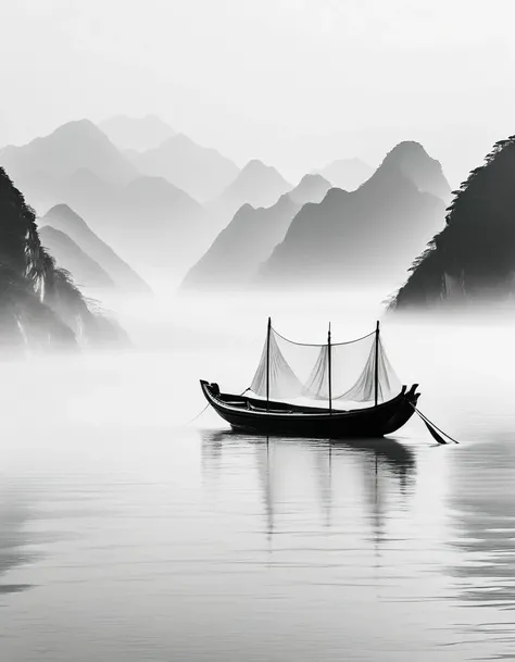 Black and white ink, white translucent, minimalism, large blank areas, perspective aesthetics, ancient Chinese minimalist paintings, boat, hidden mountains in the distance, macro zoom, veil, veil filled with calligraphy, pure white background, artistic con...