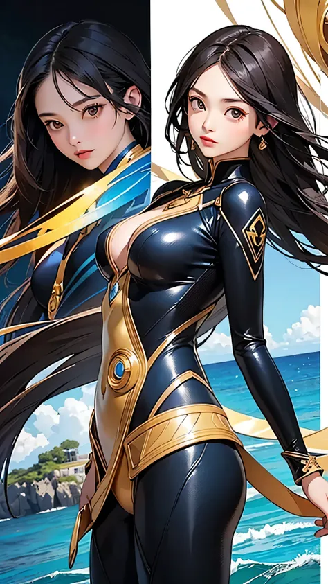 highest quality、Realistic、female、Japanese、zoom、cute、Brown eyes、Black Hair、long hair、Blue hero suit、Gold accents on suits、Shiny bodysuit、Ocean