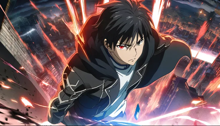 1Male,Black Hair,Black eye(left),Red eye(right),White Shirt,Black Cloak,Leather Jacket,Elucidator Sword(SAO),effect,Card,City Destroy Background,Anime Style,fate stay night heavens feel(Anime Style),HD