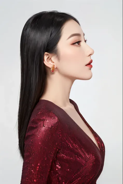 arafd woman，Long black hair，Wearing a red dress，Wearing gold earrings, elegant Side pose, Profile portrait, elegant Side pose, Waist-up portrait, Side pose, glamor Side pose, profile of a woman, Profile portrait照, Profile portrait居中, Side pose, Side pose, ...