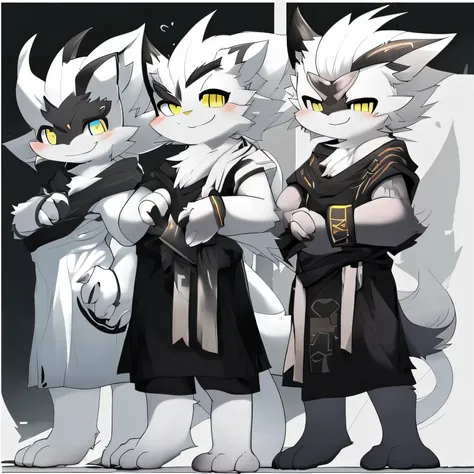 cat person，white hair，（hair, ears and tail are yellow），smile，（（individual）），standing，four fingers，wrist stripes，whole body