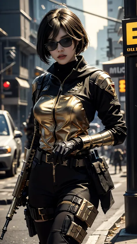 8K, UHD, masterpiece, 1 girl, detailed face, smart face, ((sunglasses)), detailed eyes, sniper rifle in hand, battleroyal, call of duty cosplay, call of duty modern warfare 3, ((ghost tribe)), ((golden and black cosplay:1.5)), belts, gun, methic gun, futur...