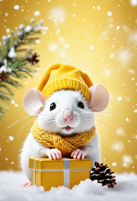 microscopic image of kute mini white mouse with yellow christmas hat and scarf with icicles snowballs and ribbons and pine cones...