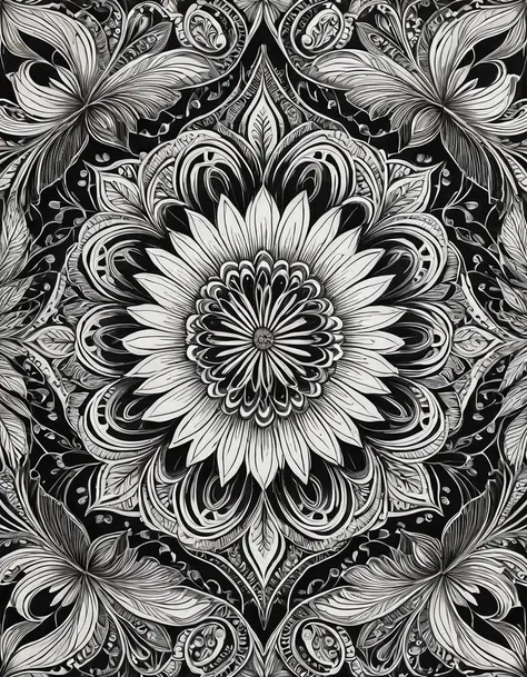 A black and white doodle art on paper, resembling a pattern from a coloring book. (best quality,4k,8k,highres,masterpiece:1.2),ultra-detailed,(realistic,photorealistic,photo-realistic:1.37),pencil sketch, intricate details, fine lines, intricate patterns, ...