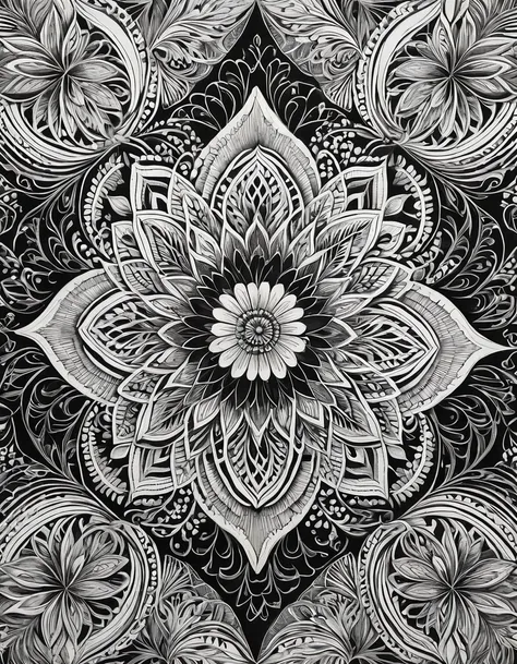 A black and white doodle art on paper, resembling a pattern from a coloring book. (best quality,4k,8k,highres,masterpiece:1.2),ultra-detailed,(realistic,photorealistic,photo-realistic:1.37),pencil sketch, intricate details, fine lines, intricate patterns, ...