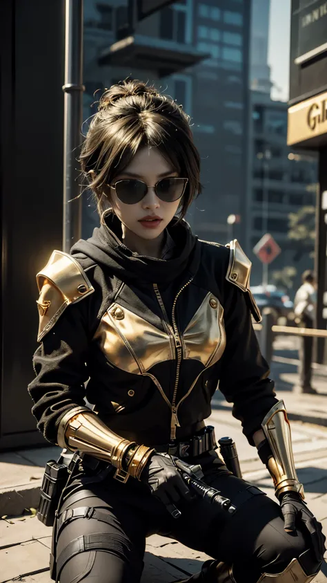 8K, UHD, masterpiece, 1 girl, detailed face, smart face, ((sunglasses)), detailed eyes, sniper rifle in hand, battleroyal, call of duty cosplay, call of duty modern warfare 3, ((ghost tribe)), ((golden and black cosplay:1.5)), belts, gun, methic gun, futur...