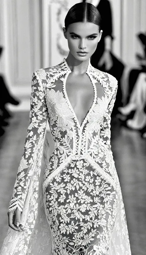 black and white fashion photography，haute couture dresses，lace，hollow，