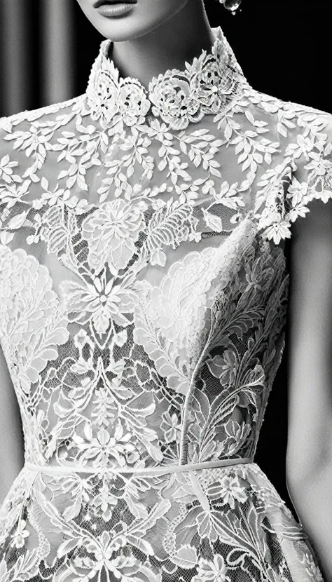 black and white fashion photography，haute couture dresses，lace，hollow，